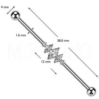 Titanium Industrial Barbell 3 marquise cut 2 round zirconias Internally Threaded