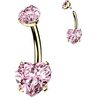 Titanium Belly Button Piercing gold pvd prong set heart cubic zirconia Internally Threaded