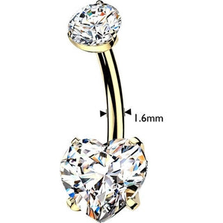 Titanium Belly Button Piercing gold pvd prong set heart cubic zirconia Internally Threaded