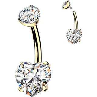 Titanium Belly Button Piercing gold pvd prong set heart cubic zirconia Internally Threaded