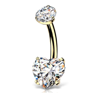 Titanium Belly Button Piercing gold pvd prong set heart cubic zirconia Internally Threaded