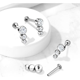 Titanium Labret 3 Zirconia Flat Silver Internally Threaded