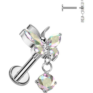 Titanium Labret butterfly dangle zirconia Internally Threaded