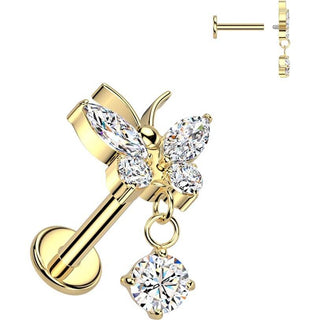 Titanium Labret butterfly dangle zirconia Internally Threaded