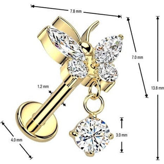 Titanium Labret butterfly dangle zirconia Internally Threaded