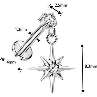 Titanium Labret prong set cubic zirconia starburst dangle Internally Threaded