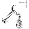 Titanium Labret moon teardrop cubic zirconia dangle Internally Threaded