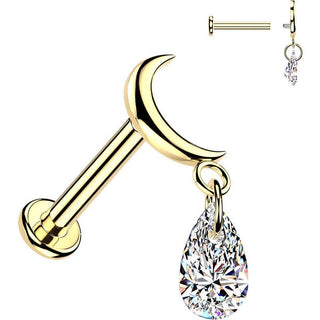 Titanium Labret moon teardrop cubic zirconia dangle Internally Threaded