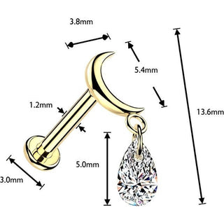 Titanium Labret moon teardrop cubic zirconia dangle Internally Threaded