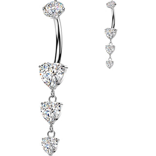 Titanium Belly Button Piercing triple descending heart cubic zirconia dangle Internally Threaded