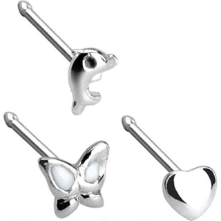 Plata 925 Nariz Stud Pack Mariposa Corazón Delfín Plata, 3 piezas