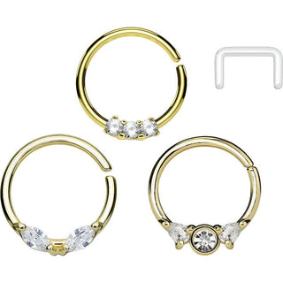 Septum Piercing Pack Anillos Circonita Oro y Retenedor Flexible, 3 piezas