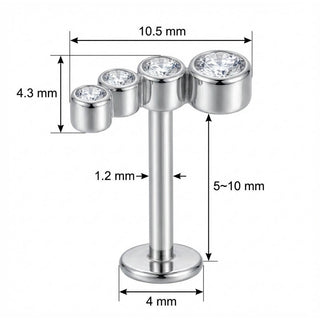 Titanio Arco Curvado Cuatro Cristales Rosca interna Labret