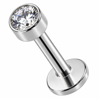 Titanium Labret Round Bezel Set Clear Crystal Internally Threaded