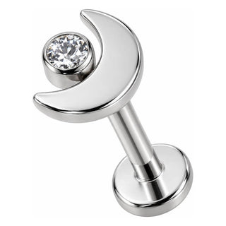 Titanium Labret Crescent Moon With Clear Crystal Internally Threaded