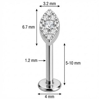 Titanium Labret Crystal Paved Marquise Shape Internally Threaded