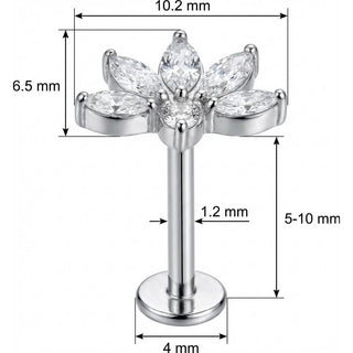 Titanio Abanico Loto Cristales Marquise Rosca interna Labret