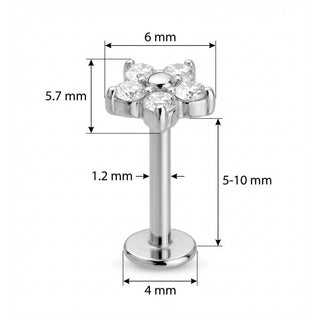 Titanium Labret Clear Crystal Flower Blossom Internally Threaded