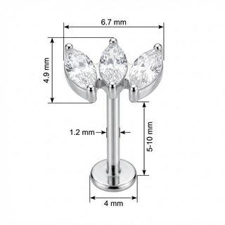 Titanio Abanico Triple Cristal Marquise Rosca interna Labret