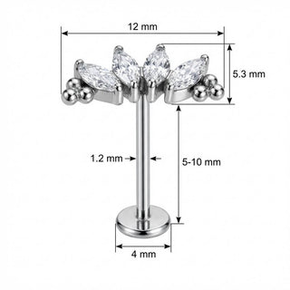 Titanio Arco Cristales Marquise Con Bolitas Rosca interna Labret