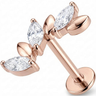 Titanium Labret Crystal And Metal Leaf Vine Internally Threaded