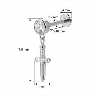Titanio Daga Colgante con Cristal Claro Rosca interna Labret