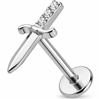 Titanium Labret Dagger With Clear Stones Internally Threaded