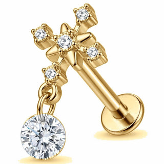 Titanium Labret Crystal Cross With Dangle Drop Internally Threaded