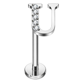 Titanium Labret Initial Letter With Stones Internally Threaded
