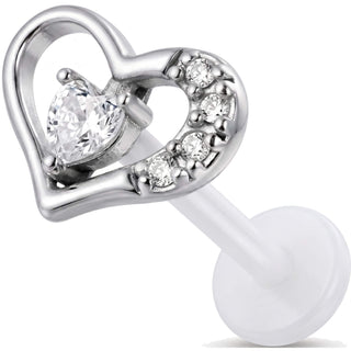 Titanium Labret Open Heart With Stones Internally Threaded